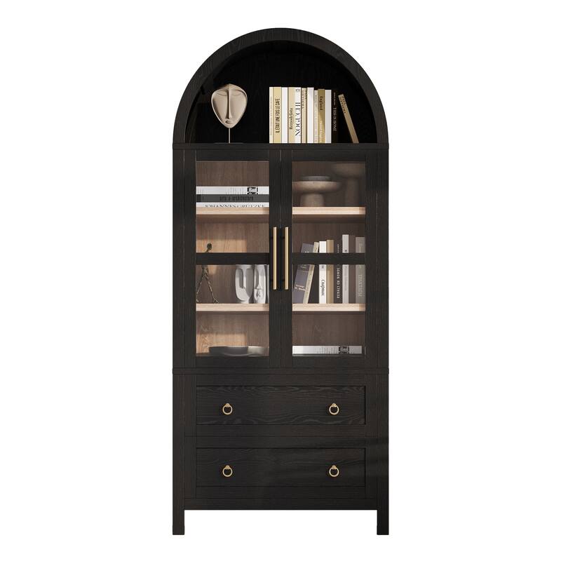 Arched Cabinet with Glass Doors, 71" Freestanding Pantry Cabinet with Drawers, Wood Storage Cabinets, Kitchen Versatile Cupboard