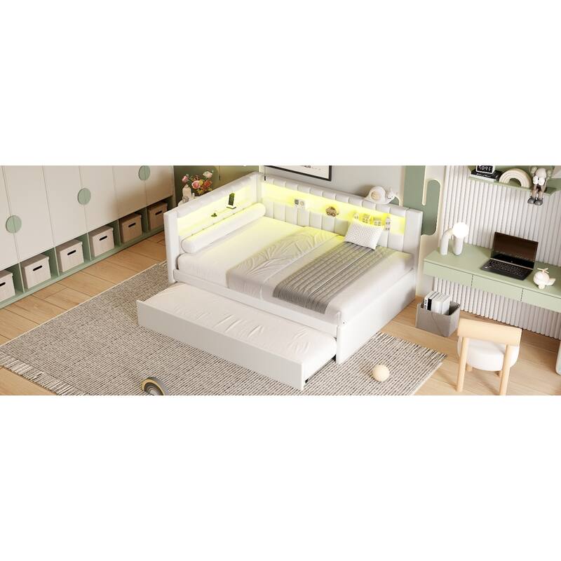 Roomfitters Full Size Upholstered Platform Bed with USB Ports, LED Light Belt and Twin Trundle, Modern Sleeper Bed, White