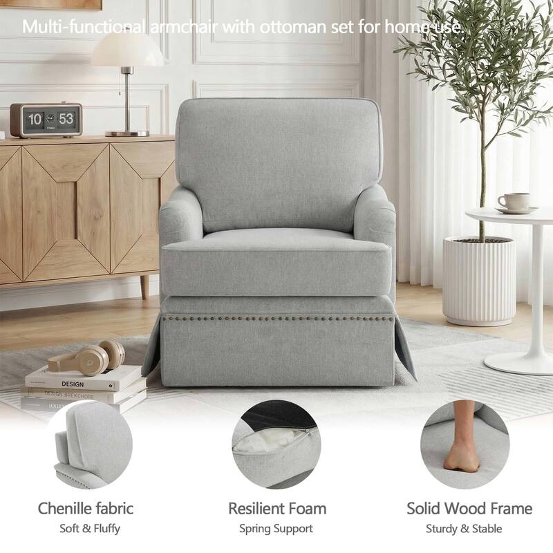 Modern Chenille Swivel Armchair and Storage Ottoman