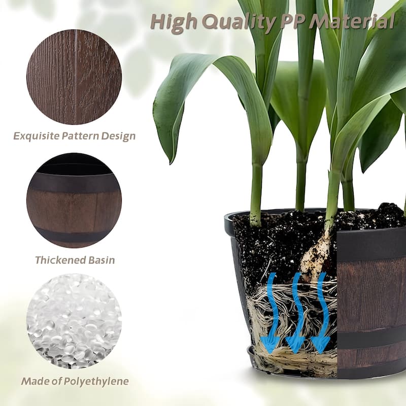Javlergo (9"/11.3"/13") 3-Pack Different Size Plastic Planter Whiskey Barrel Planter Decoration Flower Pots with Drainage Holes