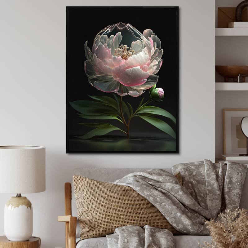 Designart "Pink Green Peonies Petals" Floral Peony Framed Wall Art Prints - 16 in. wide x 32 in. high - Black