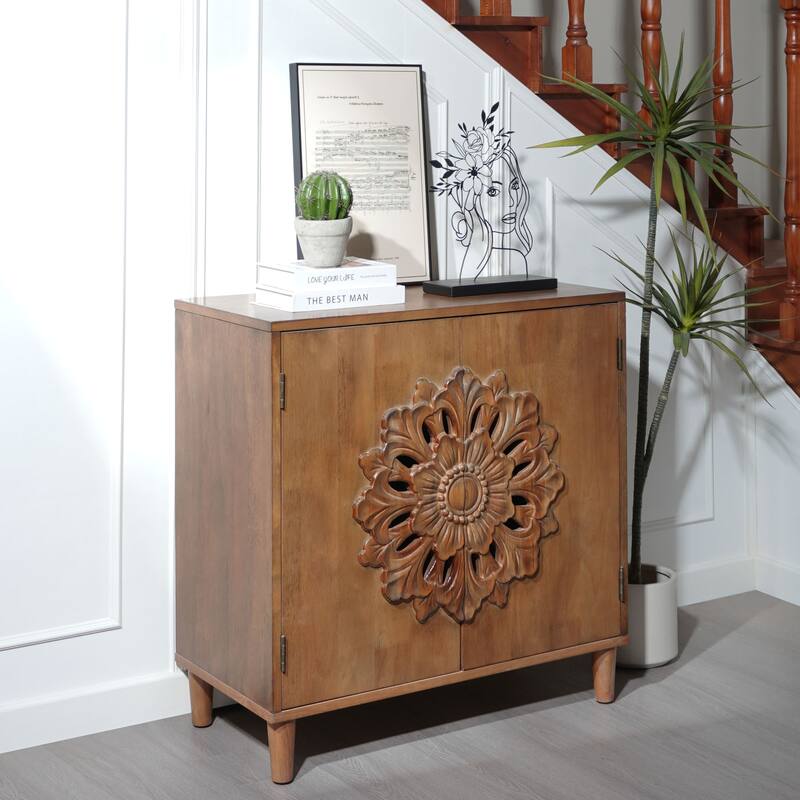 Wood Sideboard Buffet Cabinet, Hand-Carved 2-Door Accent Cabinet, Storage Cabinet with Floral Motif - Dark Brown