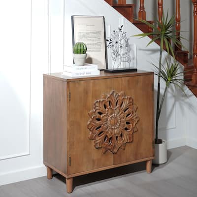 Wood Sideboard Buffet Cabinet, Hand-Carved 2-Door Accent Cabinet, Storage Cabinet with Floral Motif