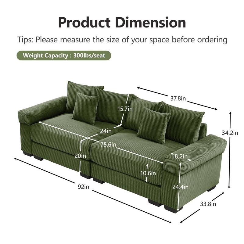 92" Oversized Corduroy Couch for Living Room, Upholstered Loveseat Sofa with Wide Armrests and Throw Pillows for Apartment
