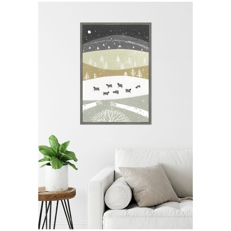 Kate and Laurel Sylvie Folk Dales Snow Linocut Framed Canvas by Giuliana Lazzerini