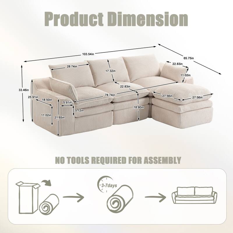 103" L-Shaped Corduroy Boneless Sectional Sofa with Movable Ottoman
