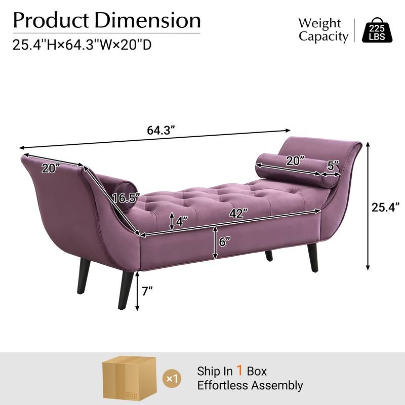 Upholstered Velvet Bench Purple End of Bed Bench with 2 Pillows, Button Tufted Ottoman Footstool with Rolled Arms