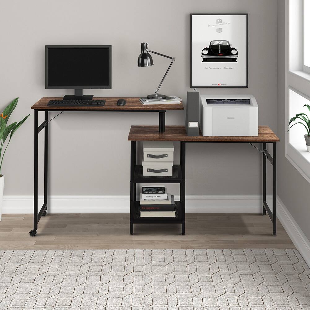 Free Rotating Corner Computer Desk with Storage Shelf Brown