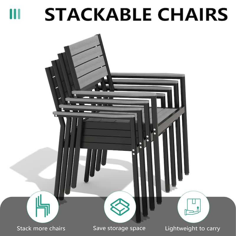 11PC Outdoor Patio Dining Set Wood-Like Aluminum Table with Stackable Armchairs,Double Top Market Umbrella and Wheel Base