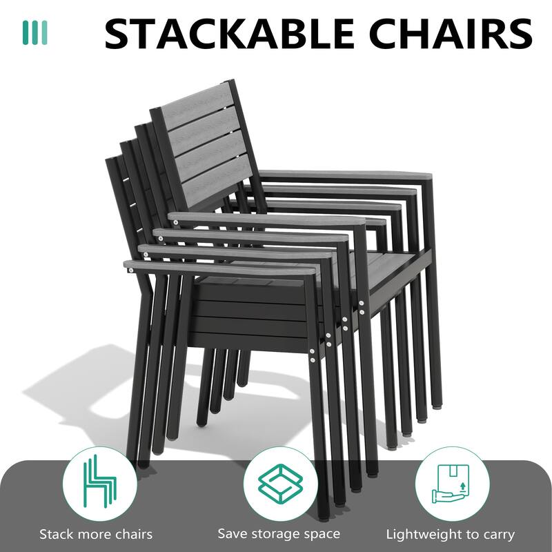 9-PCOutdoor Patio Dining Set WoodLike Table Top Aluminum Rectangular Umbrella Hole Table with Stackable Armrest Dining Chairs