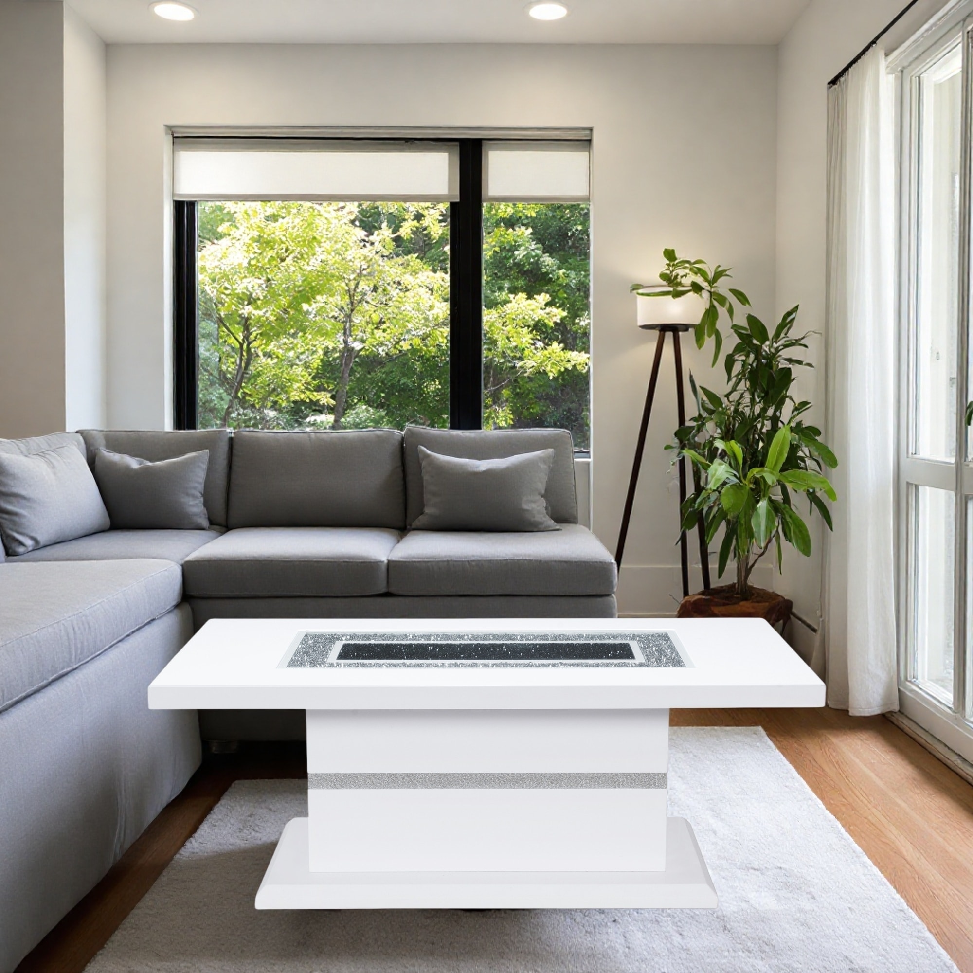 52" Contemporary Coffee Table with Clear Glass Inlay & Glitter Detailing, High Gloss Finish