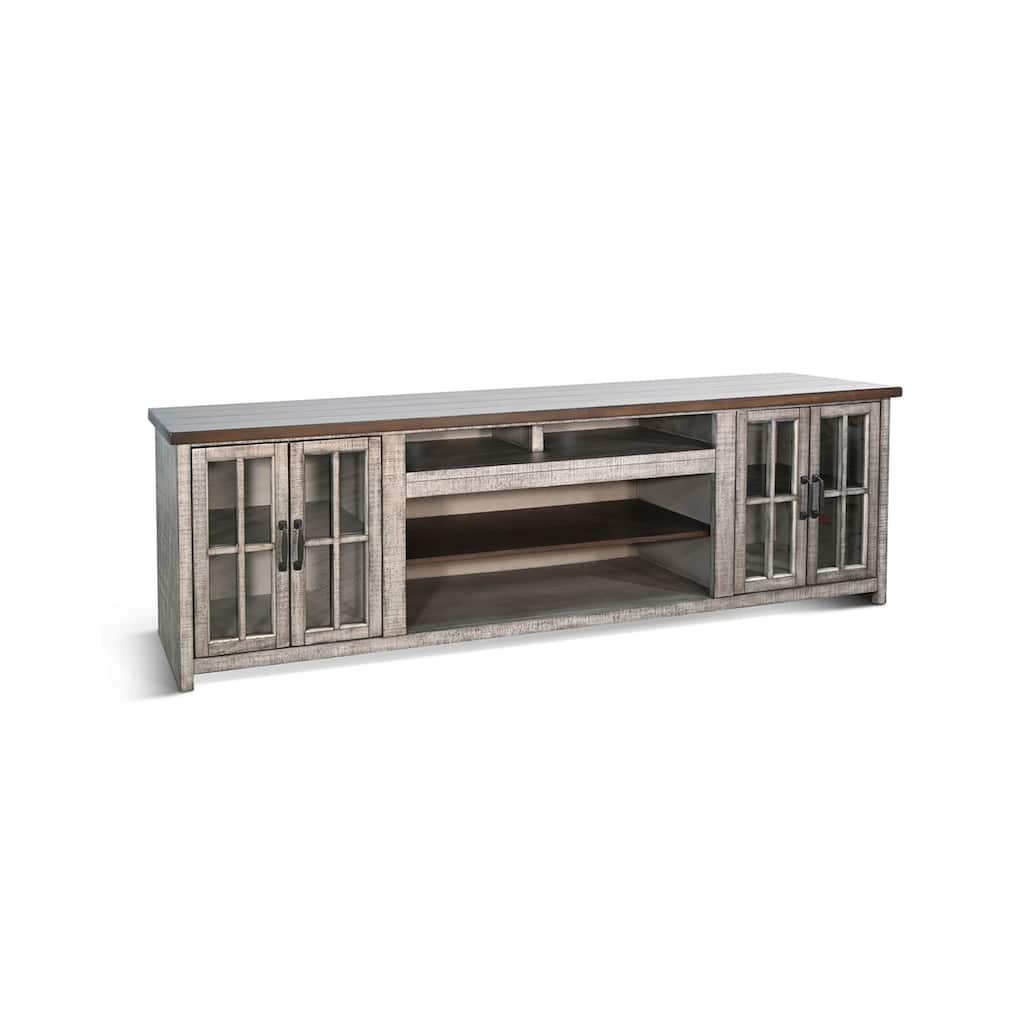 Zeka TV Media Console, 98 Inch w 2 Glass Cabinets, Gray Mahogany Wood
