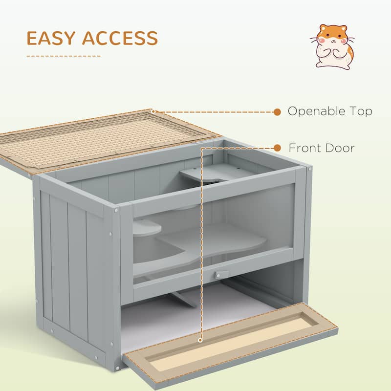 Grey Wooden Hamster Cage with Ramp and Platforms for Mice and Small Rodents - 23.5" L x 13.75" W x 16.5" H