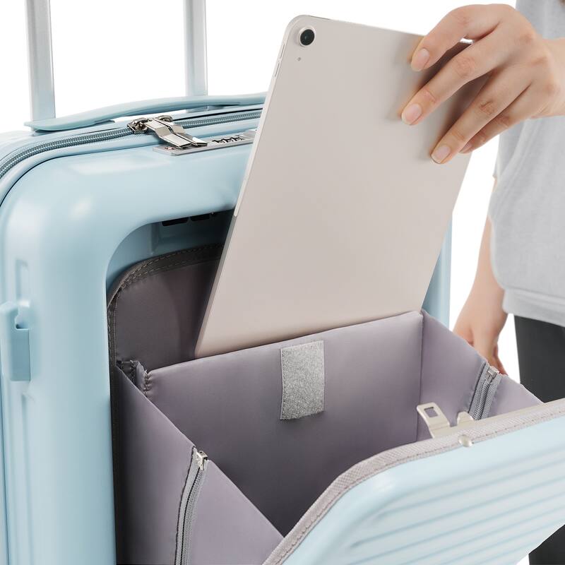 Merax 3 Piece ABS Hardshell Front-Opening Luggage Sets, Carry on Suitcase with USB Port and Cup Holder & Spinner Wheels