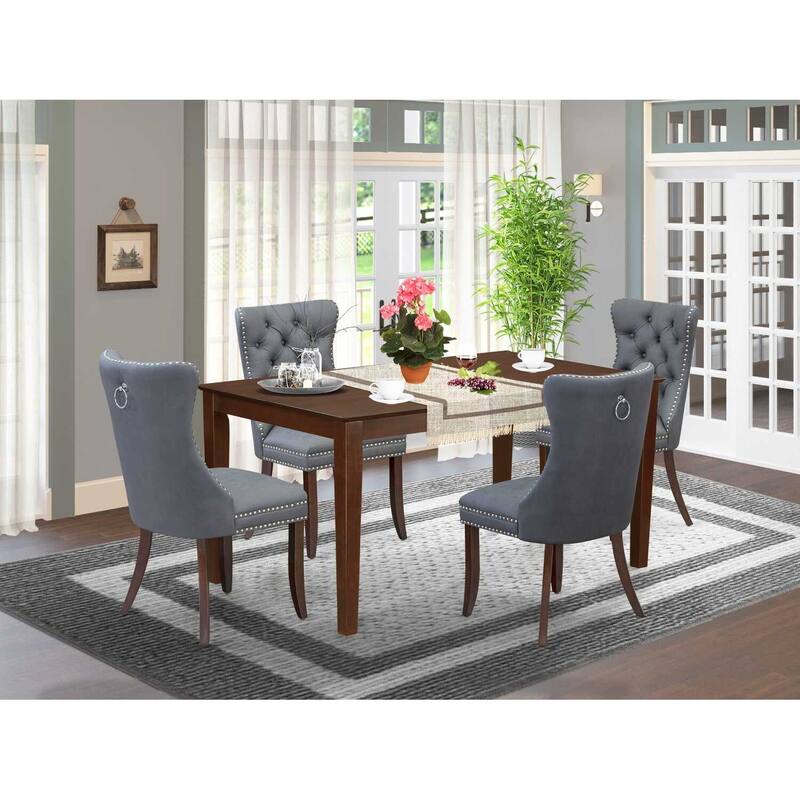 5-Piece Rectangular Mahogany Finish Solid Wood Top-Upholstered Dining Room Set-Seats 4