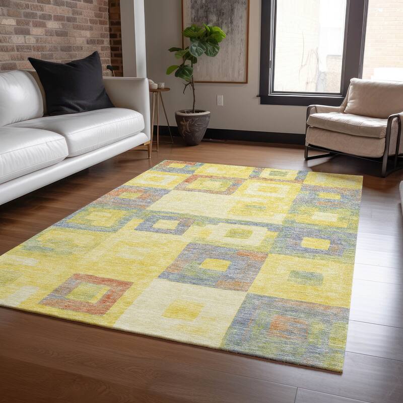 Machine Washable Indoor/ Outdoor Contemporary Blocks Chantille Rug - Yellow - 2'6" x 3'10"