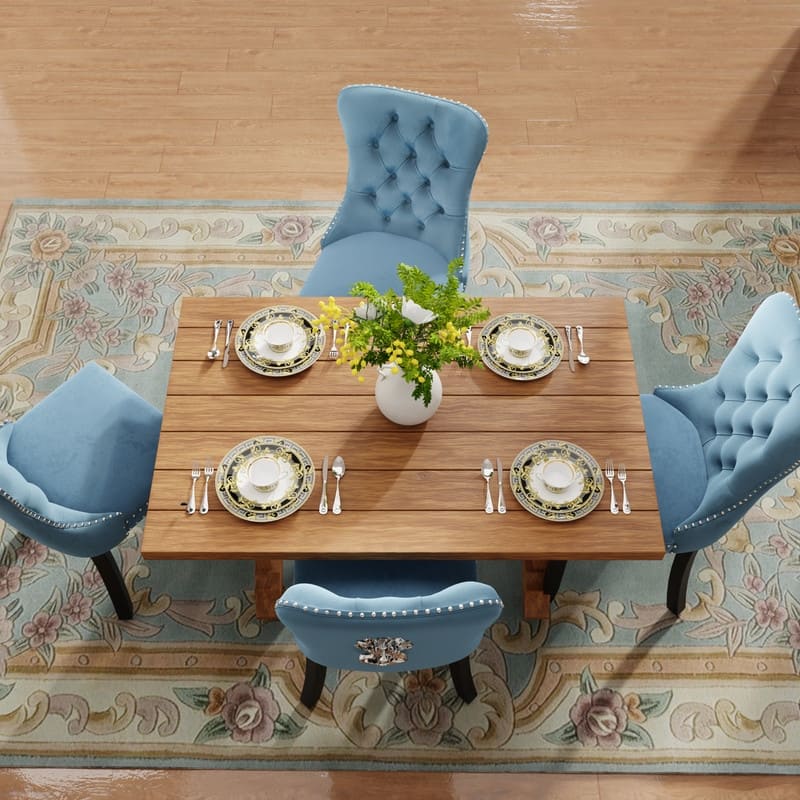 Solid Wood Velvet Upholstered Dining Chair Set of 4 - Light Blue