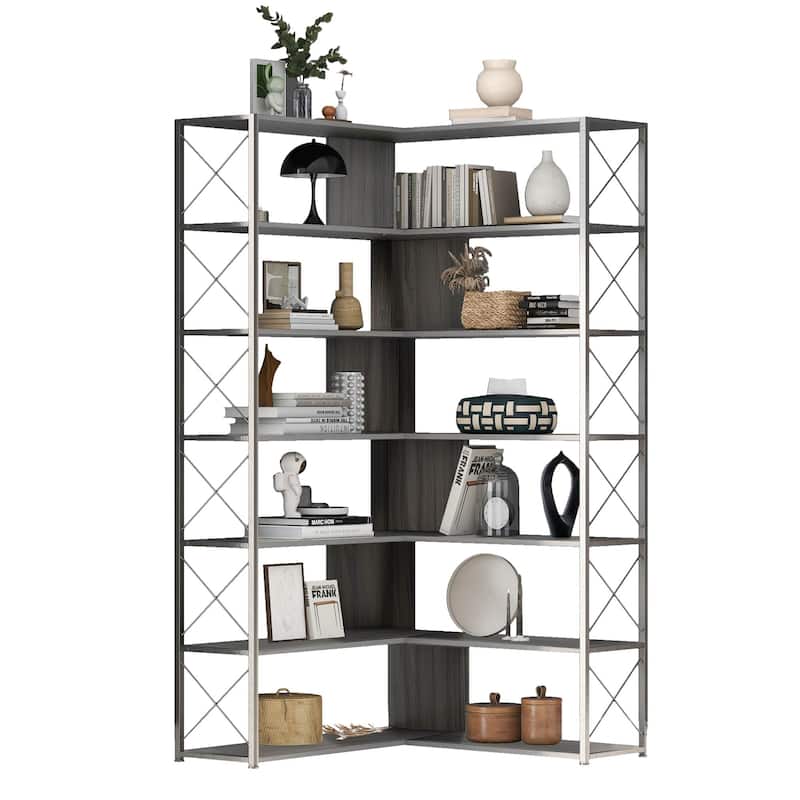 Industrial 7-Tier L-Shaped Corner Bookcase Home Office Bookshelf