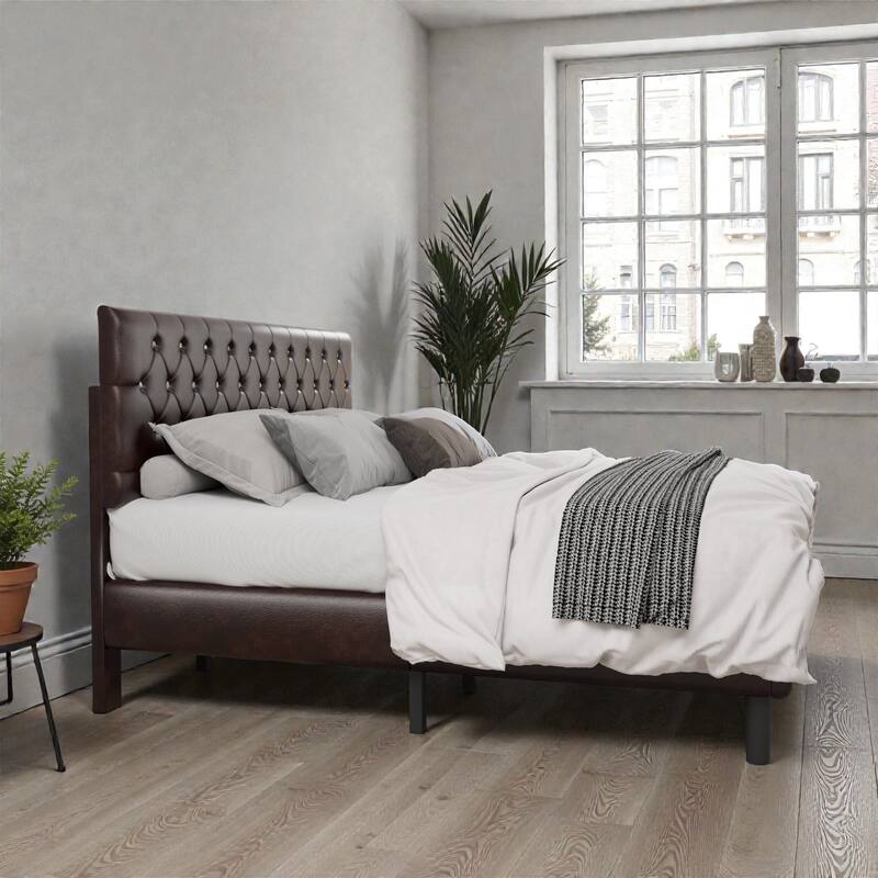 Brown Platform Bed Frame with Diamond Tufted Adjustable Headboard, No Noise, 800 lbs Capacity
