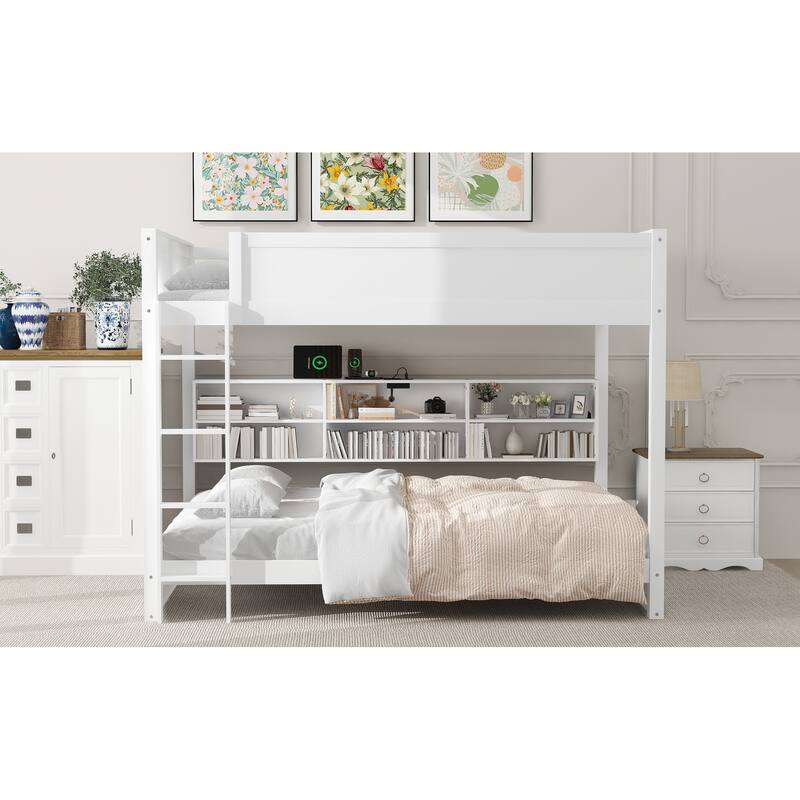 Queen Over Queen Bunk with Built-in Charging Ports, Shelving & Guardrails, Wood Construction