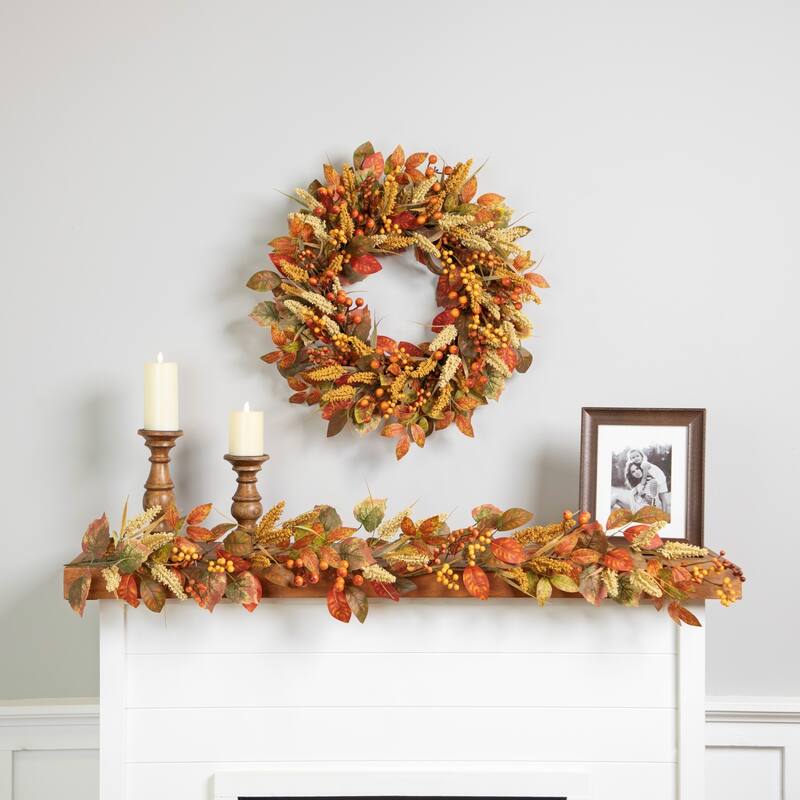 Autumn Leaves and Berries Artificial Fall Harvest Garland - 5' x 8" - 5' x 8"