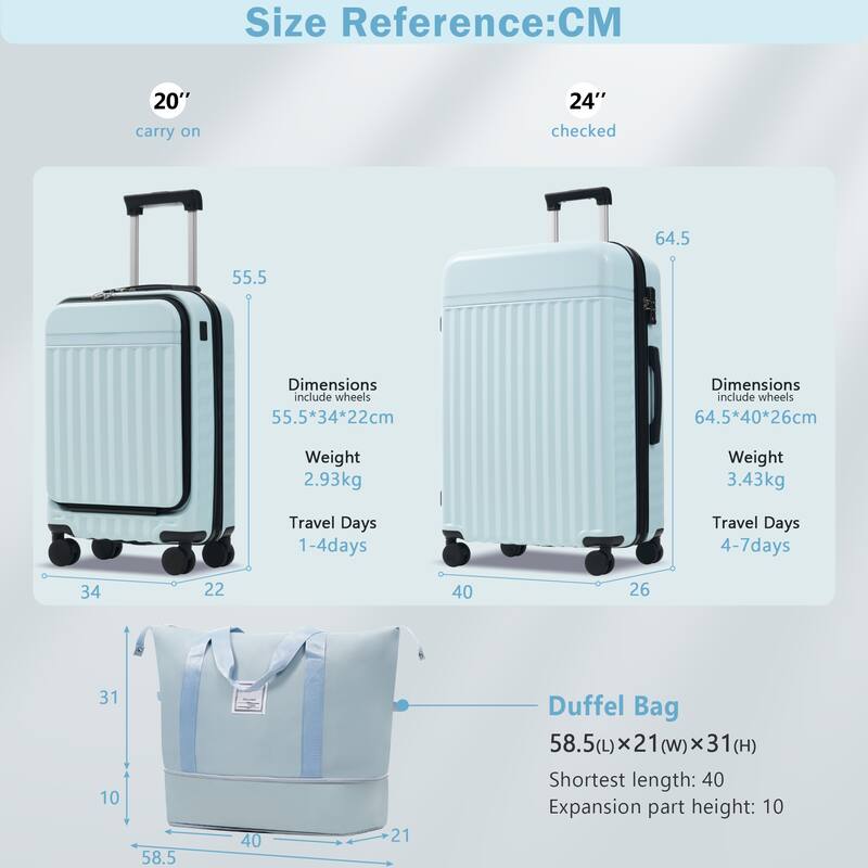 Classic 3 Piece Luggage Set Lightweight Hardside Suitcase TSA Lock Spinner Wheels, Front Opening Luggage Set for Home Travel