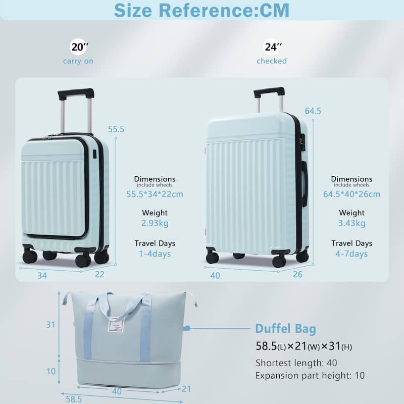 Front Opening Luggage Set 3 Piece,USB Port, Expandable Luggage with Handle Bag Spinner Wheels TSA Lock