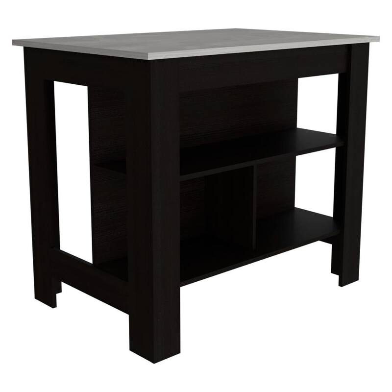 Kitchen Island, kitchen table 35" H, Four Legs, Three Open Storage Shelves, Black / Ibiza Marble