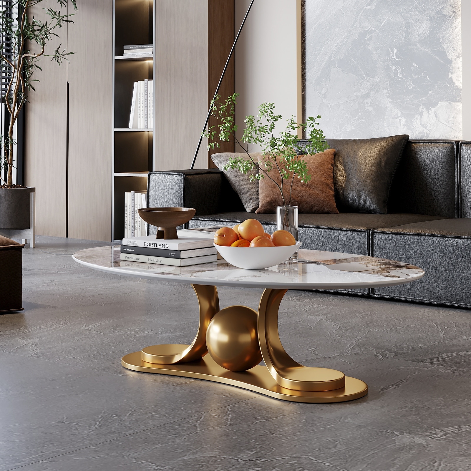 Gold Metal Coffee Table with Stainless Steel Pedestal and Faux Marble Top