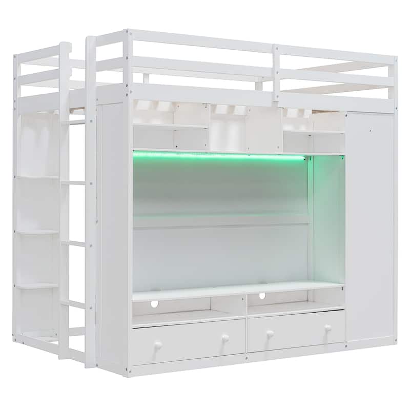 Full Size Loft Bed with Storage, LED Light, and Shelves - White