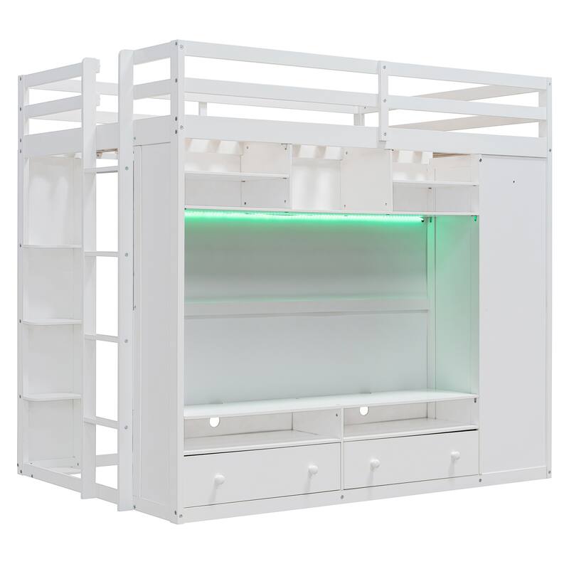 Roomfitters Full Size Loft Bed with Drawers, Shelves and Lighting