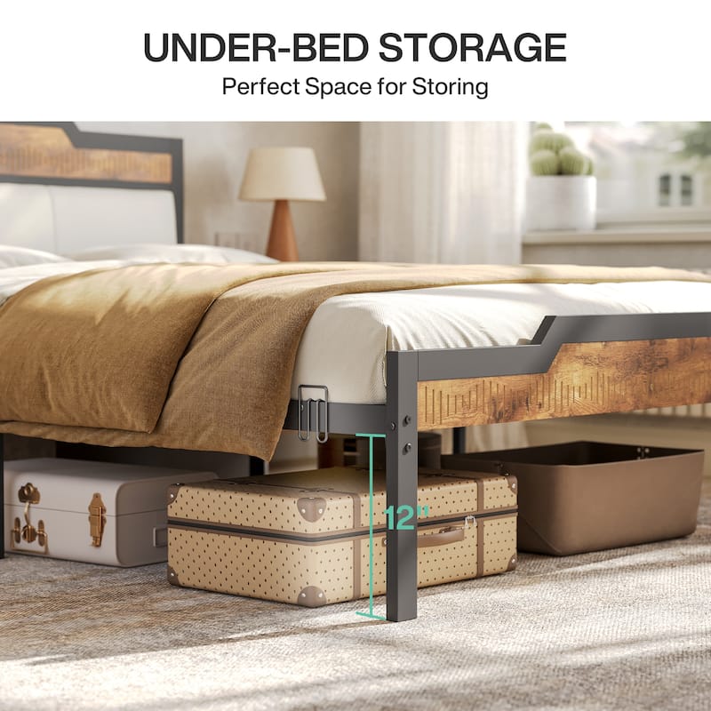 Queen Size Bed Frame with Headboard and Footboard, Under-bed Storage, Brown