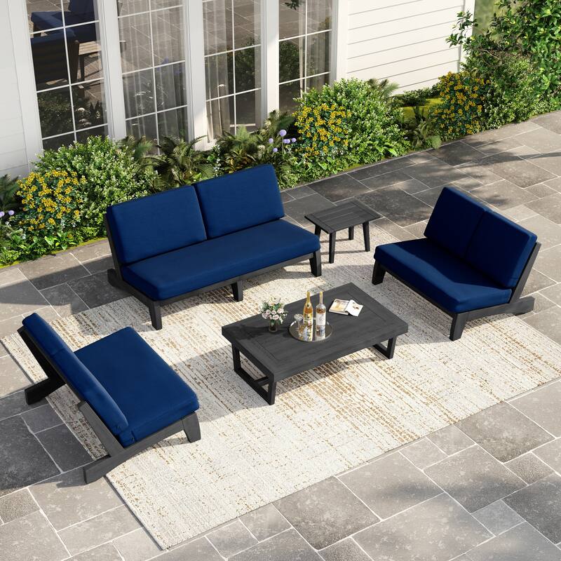 Casual Teak Outdoor Patio Conversation Set with Cushioned Sofa Loveaseat - Dark Wood - Navy-5 Piece