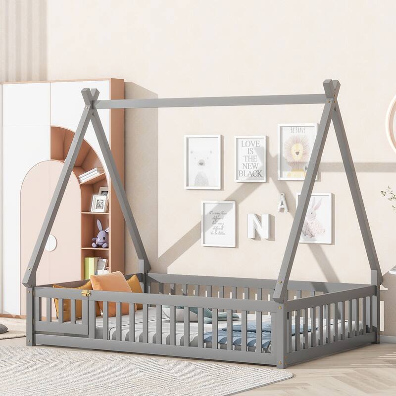 Full Size Pine Wood Tent-shaped Floor Bed, with Guardrails, Slats and Door for Kids, Boys and Girls