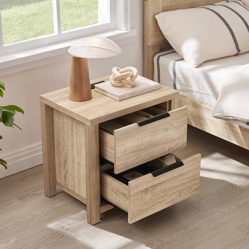 Spruce & Spring Scout Farmhouse Solid Wood Nightstand with 2 Drawers and Type-C, USB & 2 Power Outlets