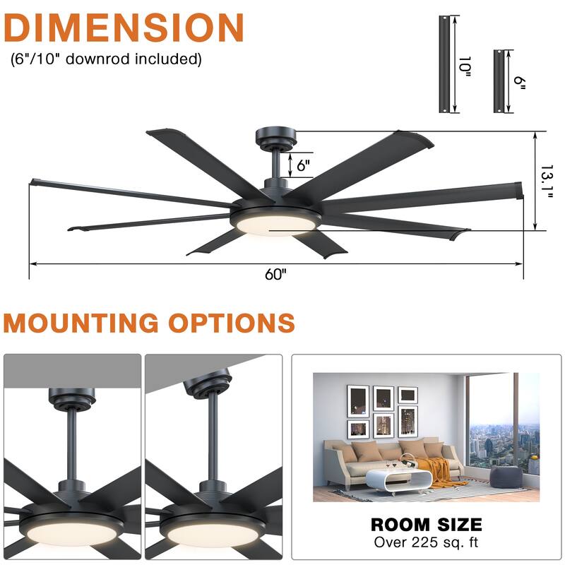 60" Modern Black Intergated LED Outdoor Ceiling Fan with Light and Remote