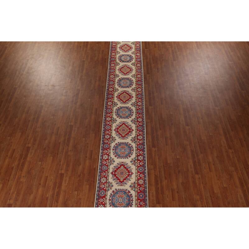 Kazak Oriental Runner Rug Hand-Knotted Traditional Beige Wool Carpet - 2'8" x 25'4"