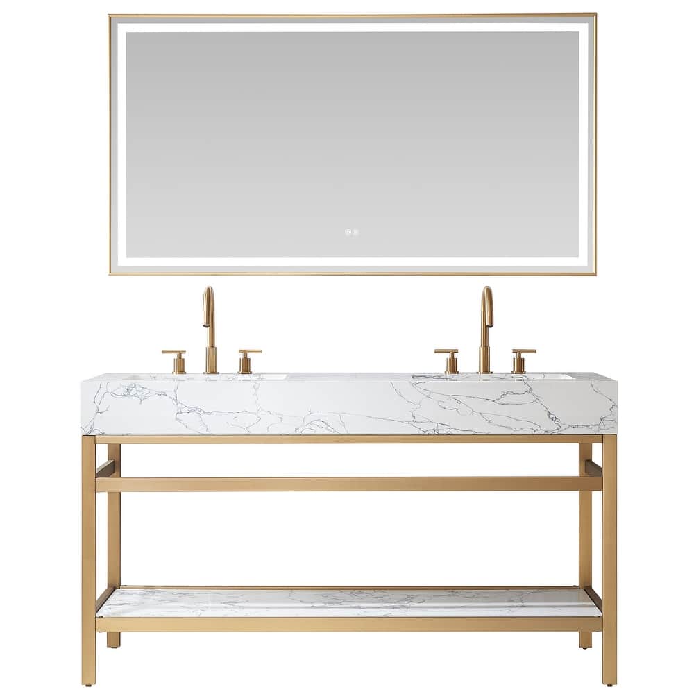 Ecija Bath Vanity, Metal Support with Composite Stone Top and Mirror