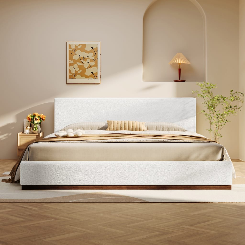 Elegant White Fabric Upholstered Bed With Nice Wood Grain Textured Solid Wood Base Frame,White,Queen