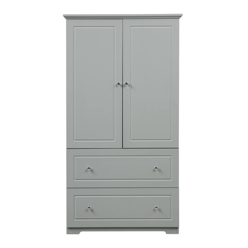 Grey Double Door Storage Cabinet with 2 Drawers, Adjustable Shelf and Metal Round Knobs for Office Bathroom Bedroom Living Room