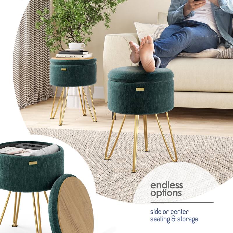 Emperyan Textured Velvet Round Ottoman with Hidden Storage