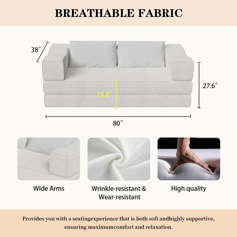 80" Convertible Couch Bed with Removable Cushions and Pillows, 3-Seat Folding Floor Couch & King Size Bed Mattress