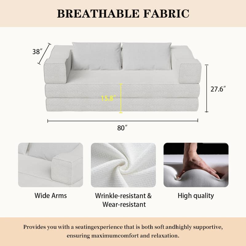 80" Convertible Sofa Bed with 2 Pillows, 2-Seat Folding Floor Couch, Multifunctional Chenille Loveseat Living Room Sleeper Sofa