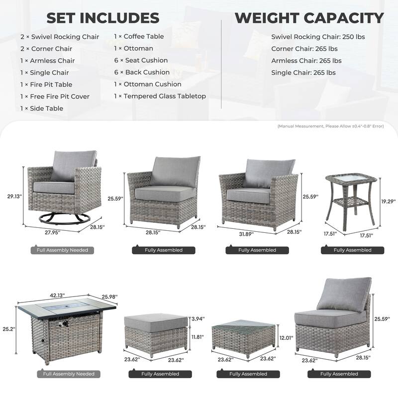 HOOOWOOO 10-piece Wicker Patio Furniture Outdoor Sectional Sofa Set with Fire Pit