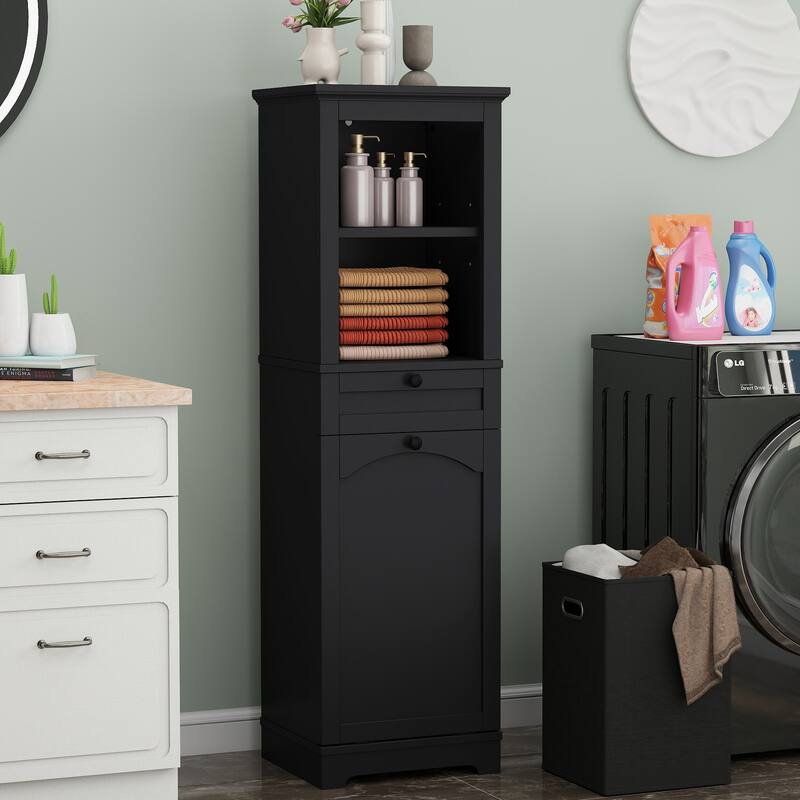 53 Inch Tall Tilt Out Laundry Hamper Cabinet with Hidden Basket and Storage Drawer