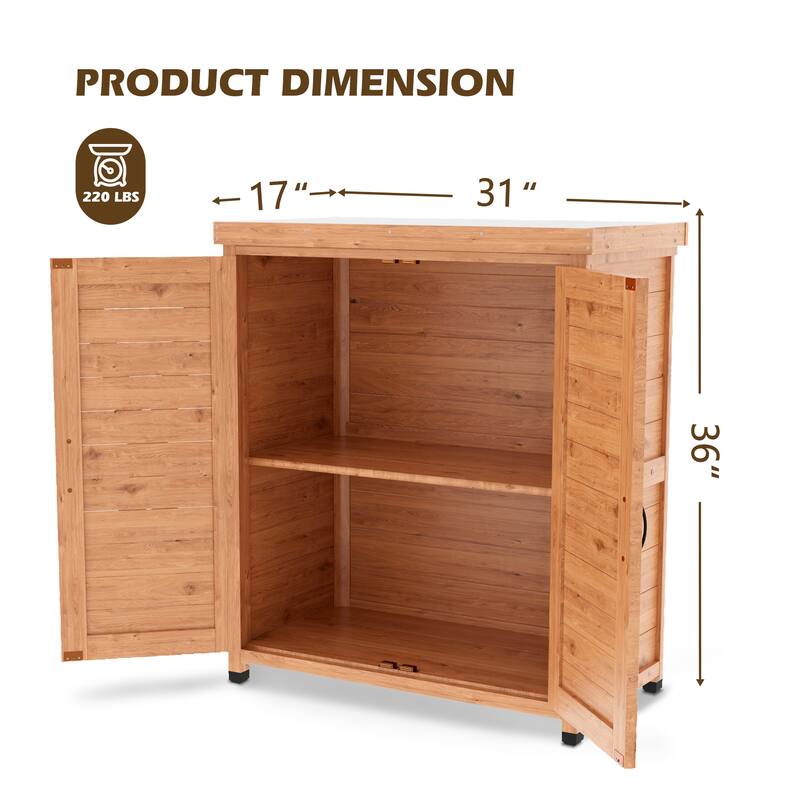 Wooden Patio Furniture with Metal-Tabletop, Potting Bench with Storage Cabinet, Outdoor Patio Storage Cabinet with Shelves