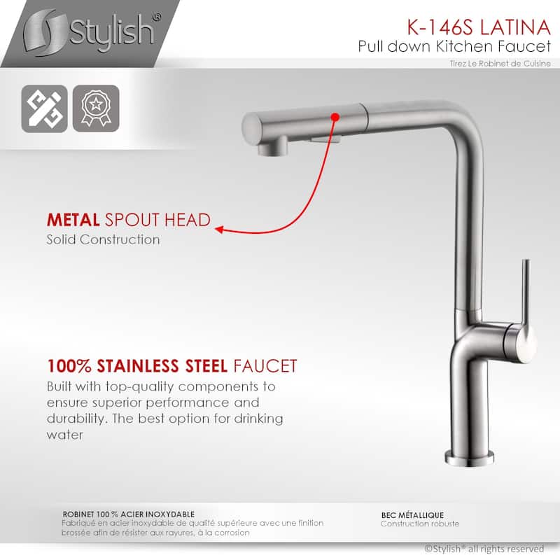 STYLISH Kitchen Sink Faucet Single Handle Pull Down Dual Mode in Stainless Steel