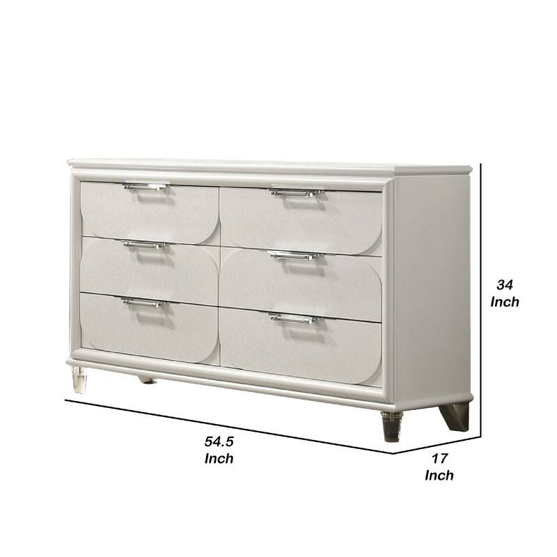 Dima 6 Drawer Wide Dresser, Pearl White Solid Wood with Acrylic Hardware