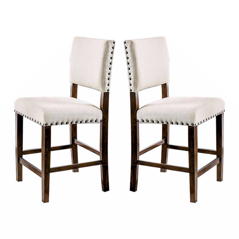 Set of 2 Linen Upholstered Dining Chairs with Nailhead Trim in Brown Cherry and Ivory - Ivory