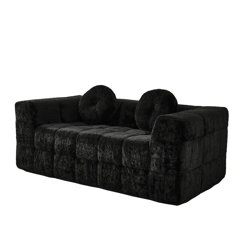 Modular Boneless Cloud Couch, Checkered Fabric Upholstered 2 Seater Foam Sofa, Lounge Sofa with 2 Circular Throw Pillows